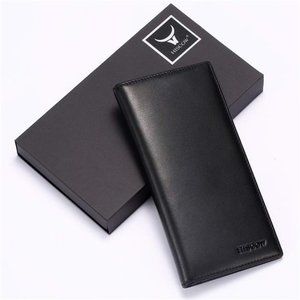 Slim Leather Long Wallet , Italian Calfskin, for Men & Women (Black)